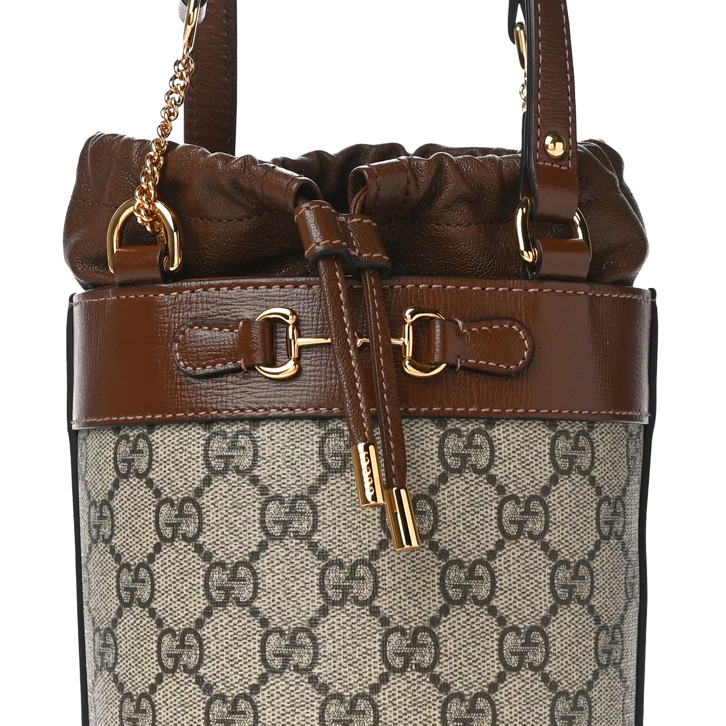 GG Supreme Monogram Azalea Sakai Calfskin Small Horsebit 1955 Drawstring Bucket Bag Beige Ebony Brown Sugar