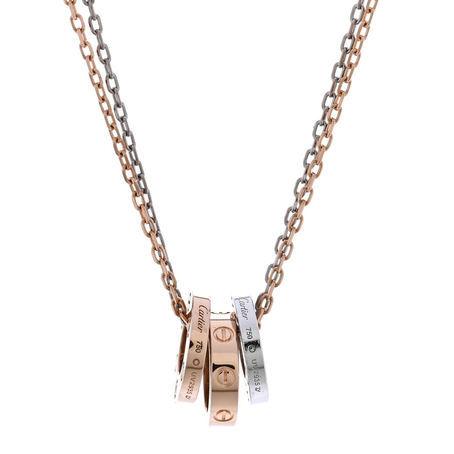18K White Pink Gold Diamond Three Ring LOVE Necklace