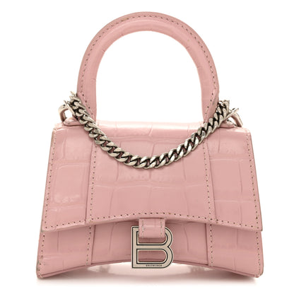 Balenciaga Shiny Calfskin Crocodile Embossed Hourglass Top Handle Bag Mini with Chain Powder Pink 1 of 11