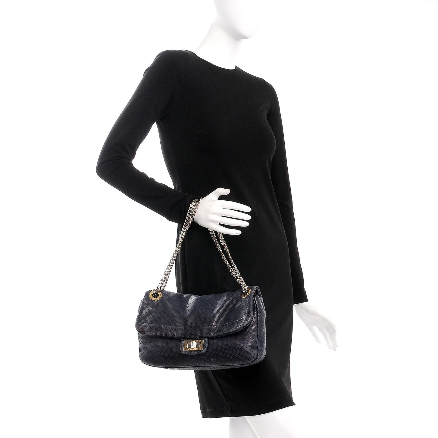 Calfskin Perforated Large Drill Flap Navy Blue