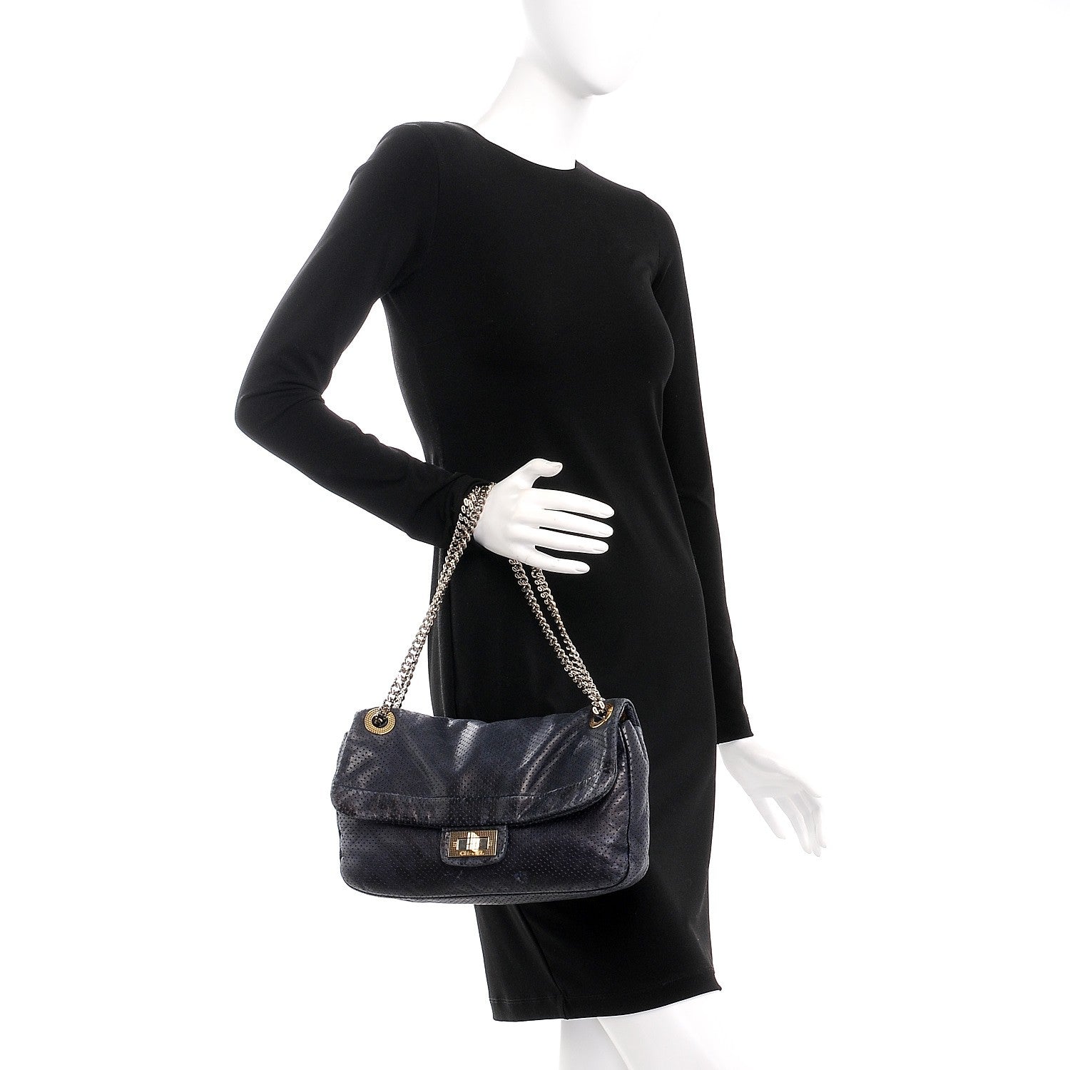 Chanel Calfskin Perforated Large Drill Flap Navy Blue 3 of 10