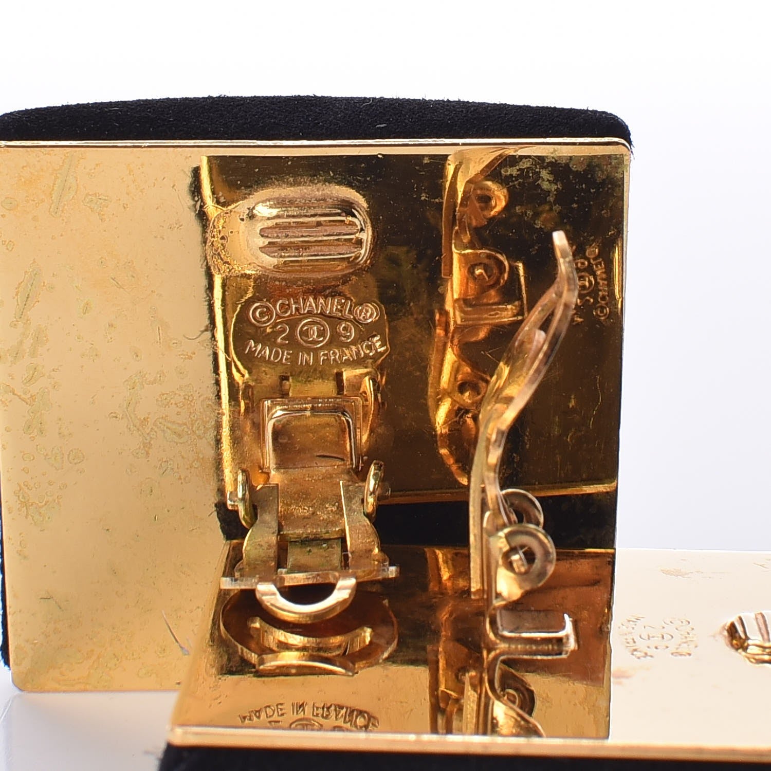 Chanel Suede Square Clip On Earrings Black Gold 4 of 4