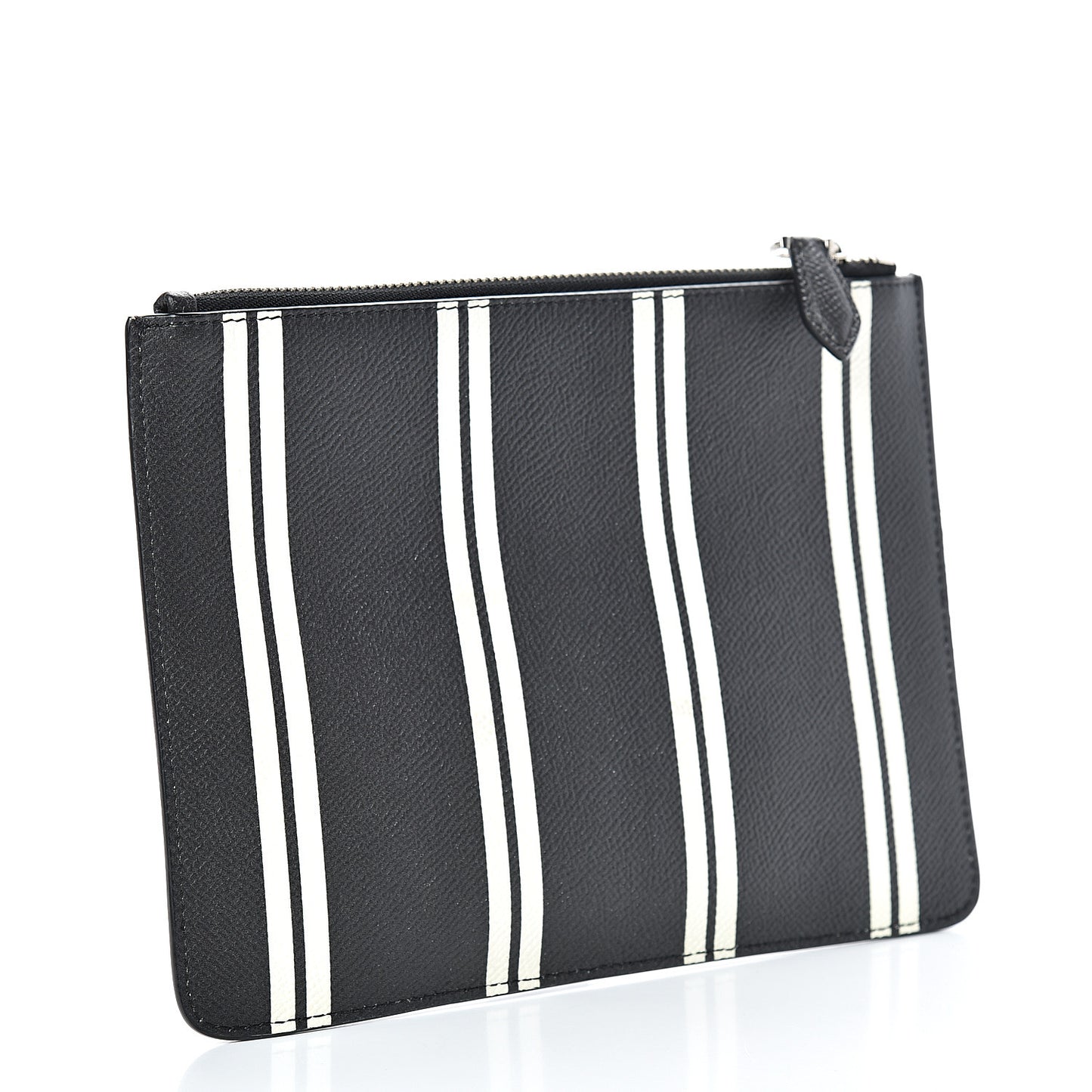 Calfskin Striped Large Zip Pouch White Black
