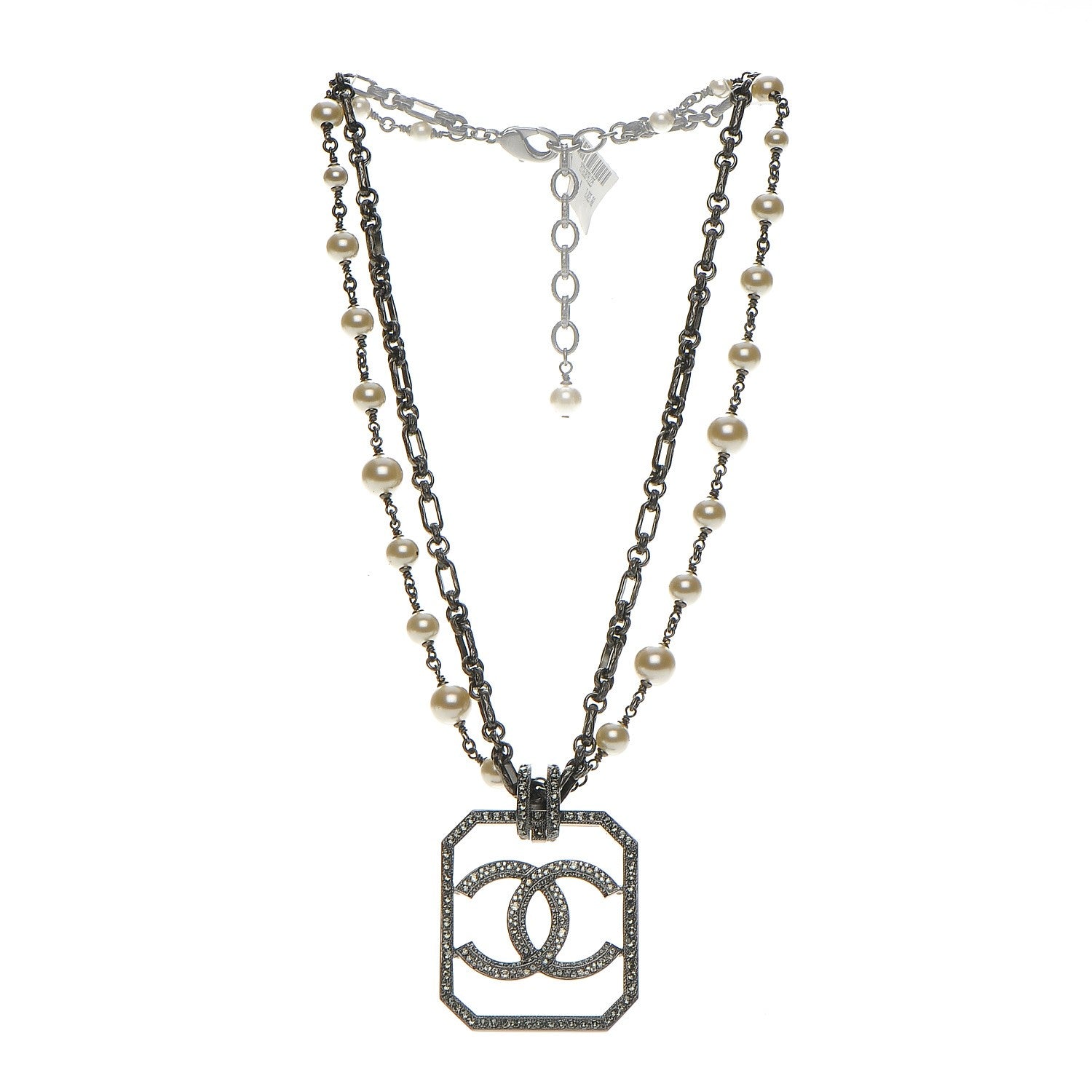 Chanel Pearl Crystal CC Double Strand Necklace Ruthenium 3 of 7