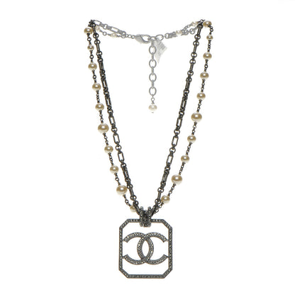 Chanel Pearl Crystal CC Double Strand Necklace Ruthenium 3 of 7