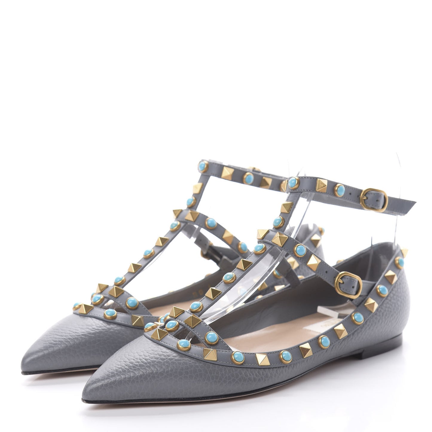 Pebbled Calfskin Rockstud Rolling Cage Ballerina Flats 35 Light Stone