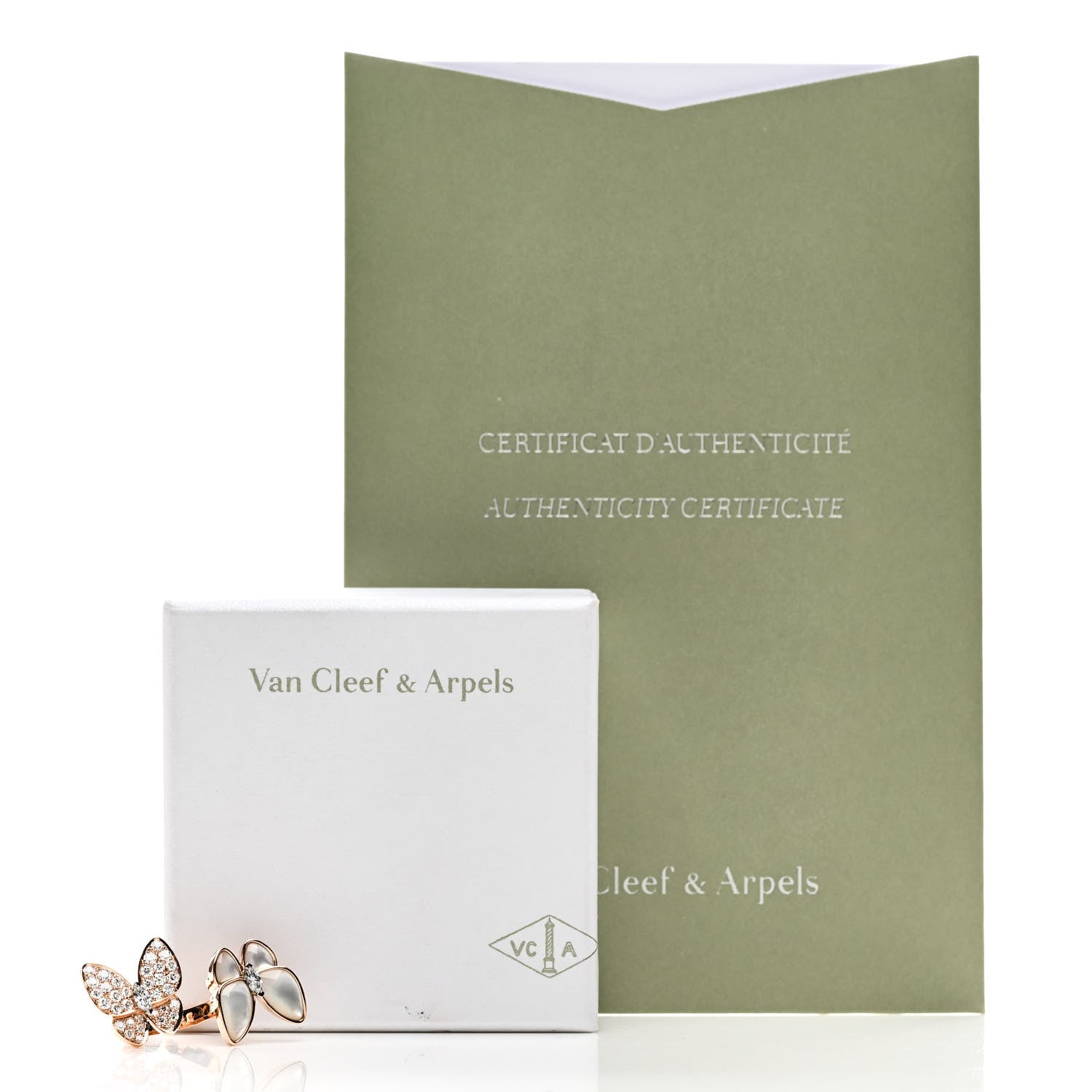 Van Cleef & Arpels 18K Rose Gold Diamond Mother of Pearl Two Butterfly Between The Finger Ring 50 5.25 5 of 5