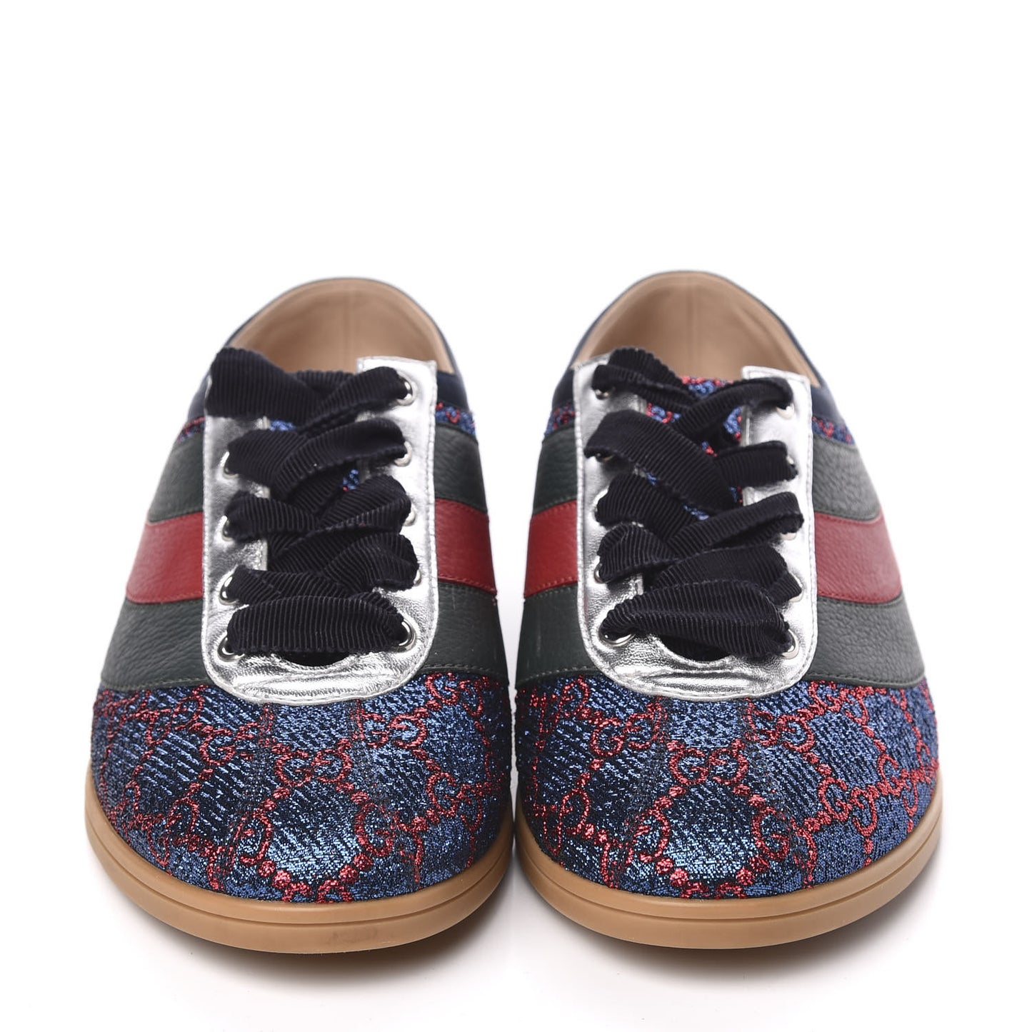Lurex Calfskin Web GG Monogram Womens Falacer Sneakers 38 Iridescent Blue Iridescent Red Silver
