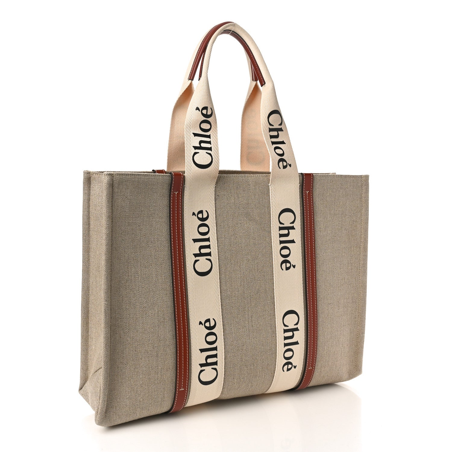 Chloe Linen Calfskin Large Woody Ribbon Tote White Brown 3 of 9