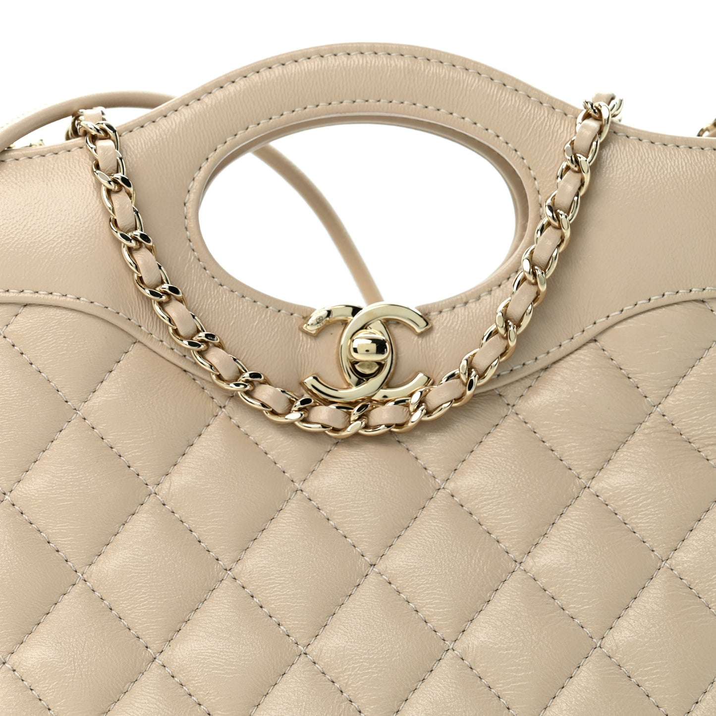 Shiny Crumpled Calfskin Quilted Mini 31 Shopping Bag  Beige