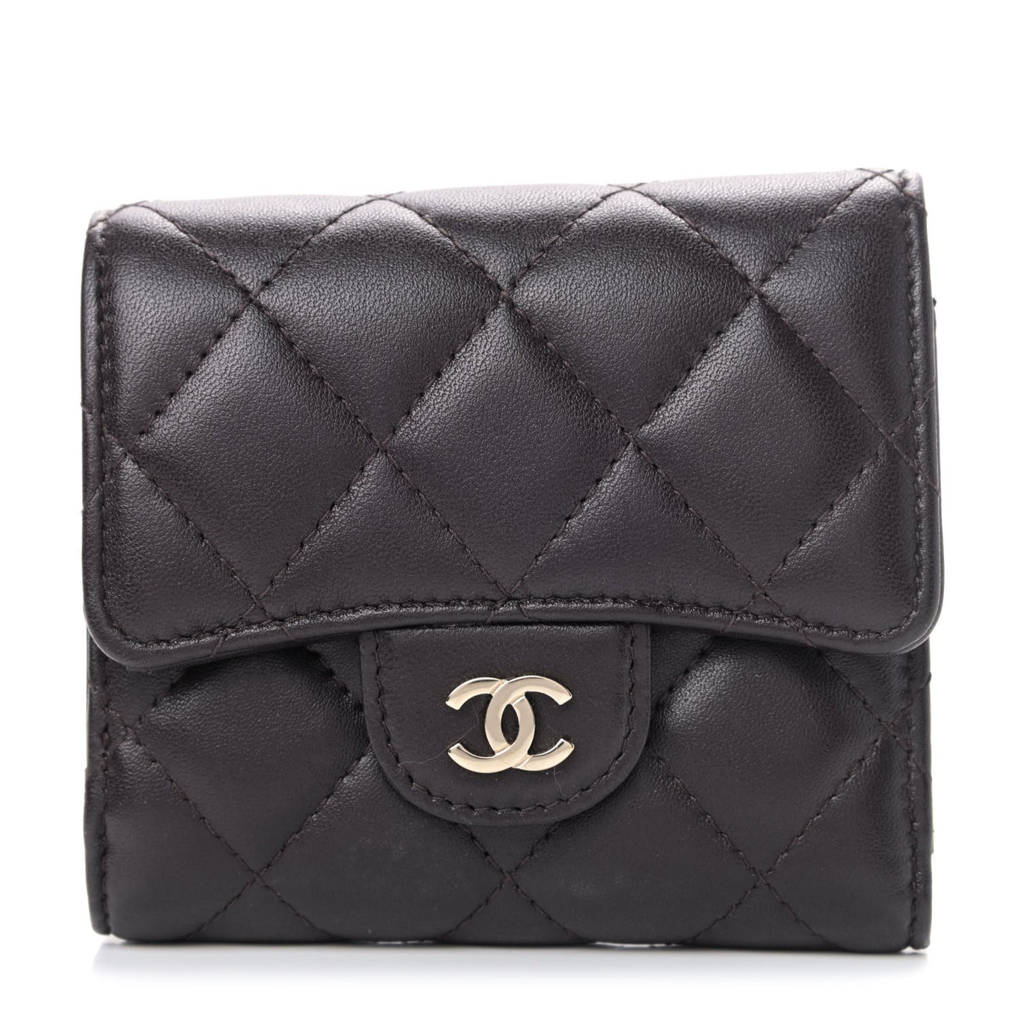 Lambskin Quilted Compact Flap Wallet Dark Brown