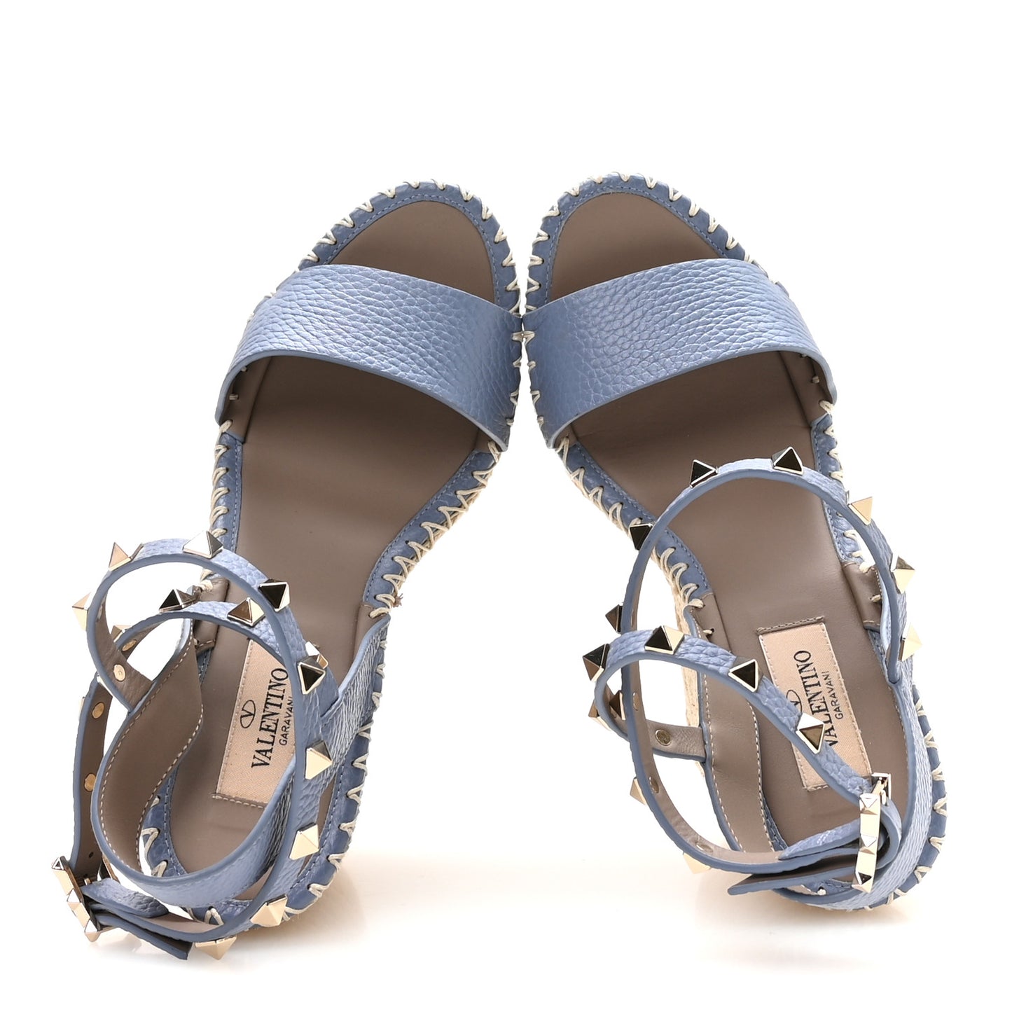 Grained Calfskin Rockstud Ankle Strap Espadrille 15/105mm Wedge Sandals 36 Baltique Natural