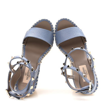 Valentino Garavani Grained Calfskin Rockstud Ankle Strap Espadrille 15/105mm Wedge Sandals 36 Baltique Natural 2 of 9