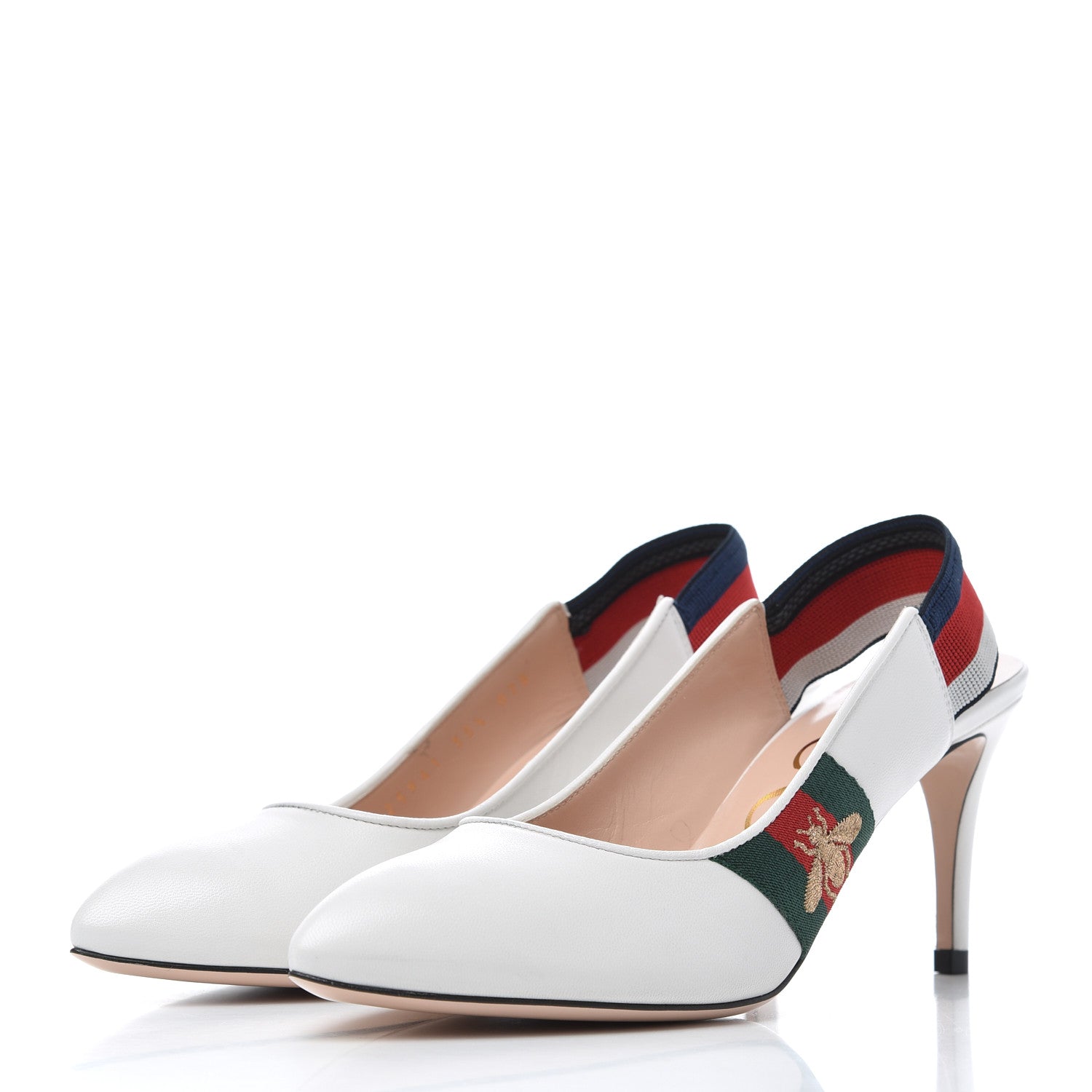 Gucci Malaga Kid Web Sylvie Mid Heel Slingback Pumps 35.5 White 3 of 9
