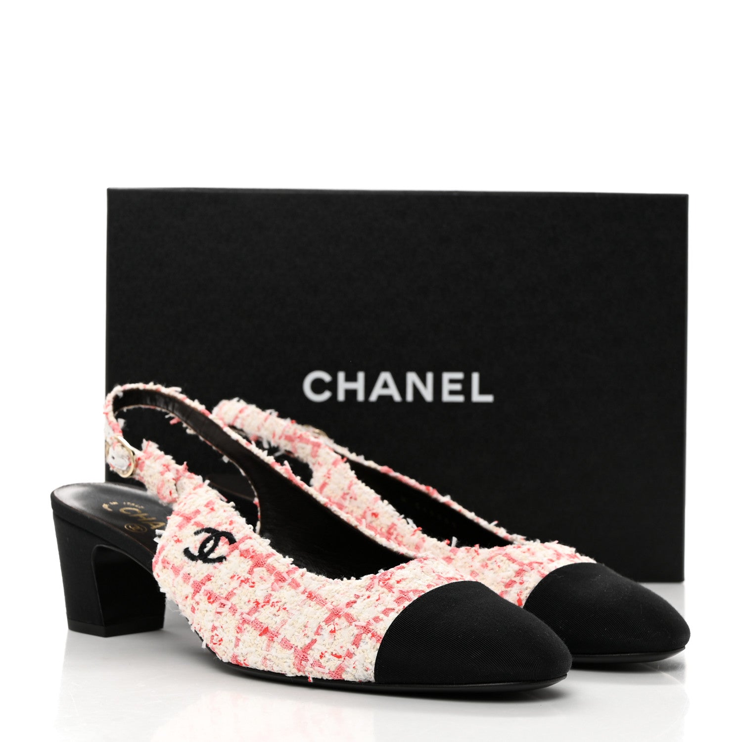 Chanel Glittered Tweed Grosgrain Cap Toe Slingback Pumps 40.5 Ecru Pink Red Black 2 of 9