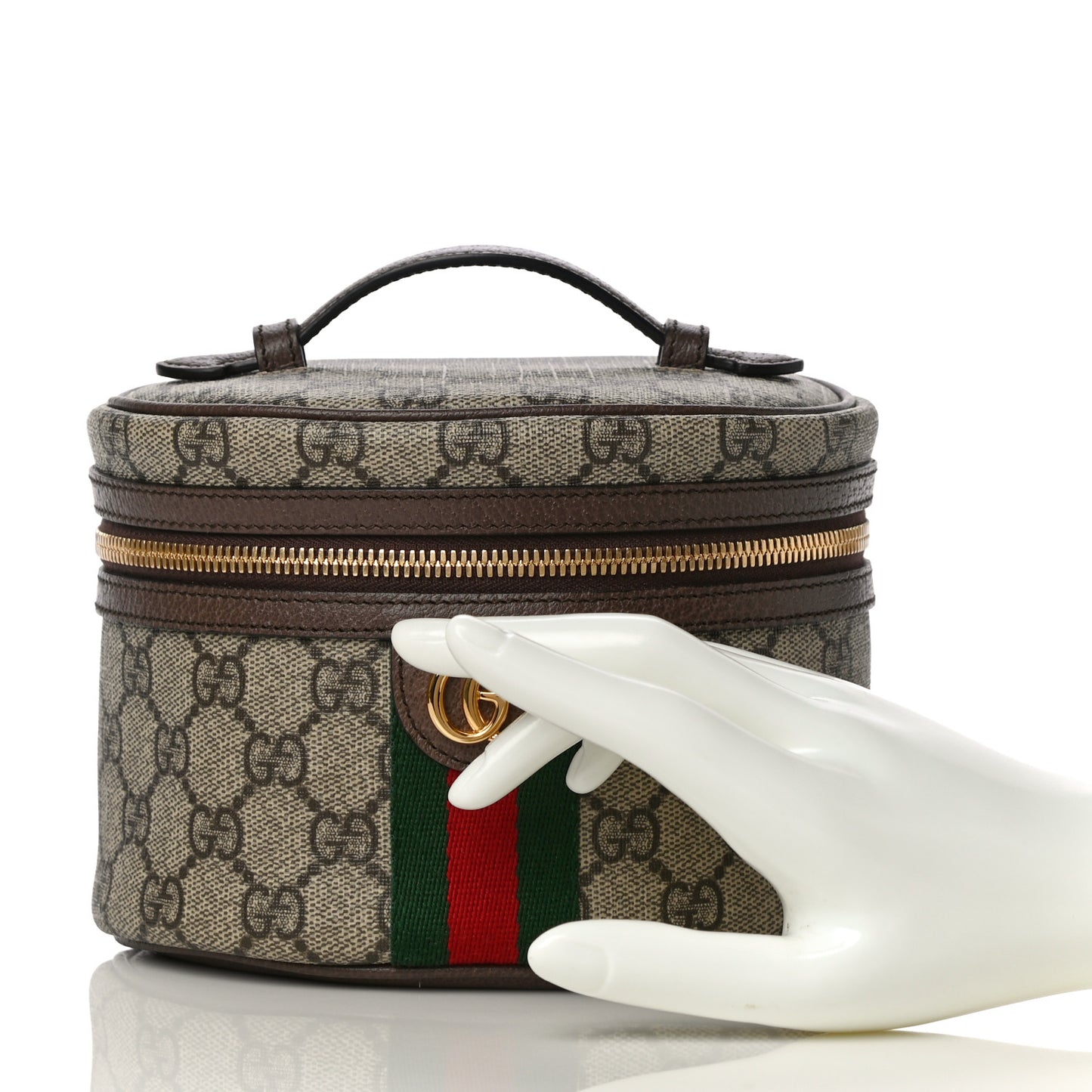 GG Supreme Monogram Textured Calfskin Web Ophidia Vanity Cosmetic Case Beige Ebony New Acero