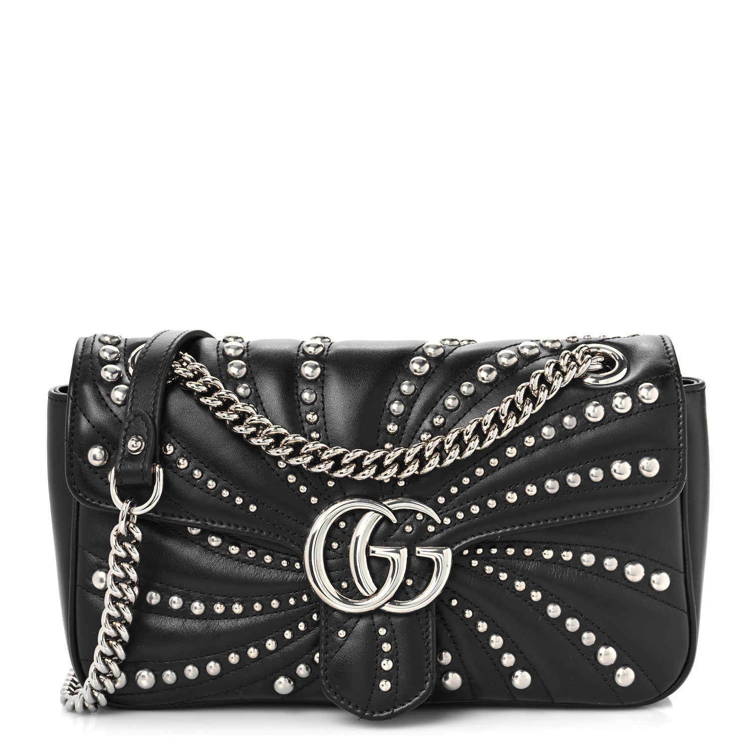 Gucci Calfskin Spiral Stud Small GG Marmont Shoulder Bag Black 2 of 9