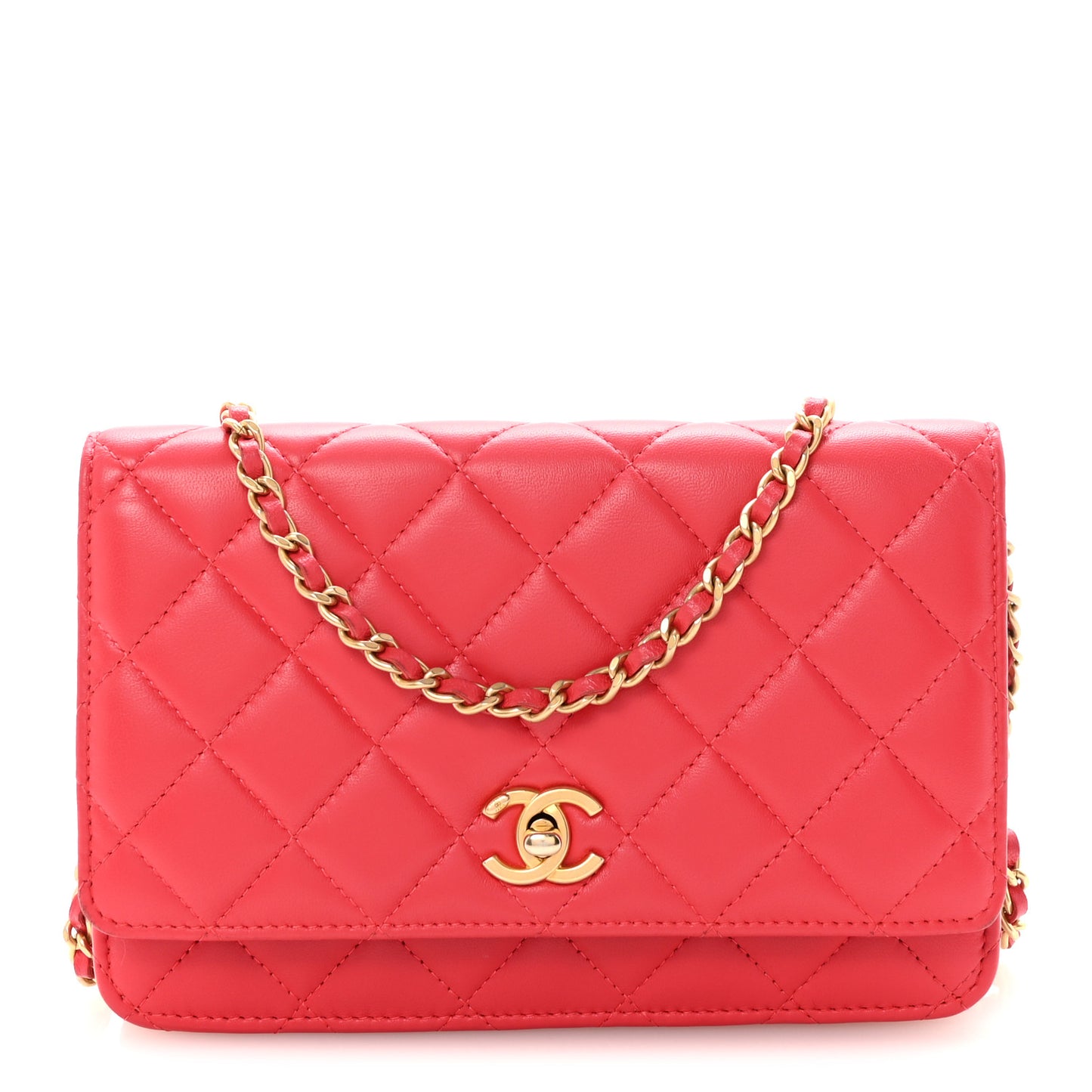 Lambskin Quilted CC Pearl Crush Wallet on Chain WOC Red