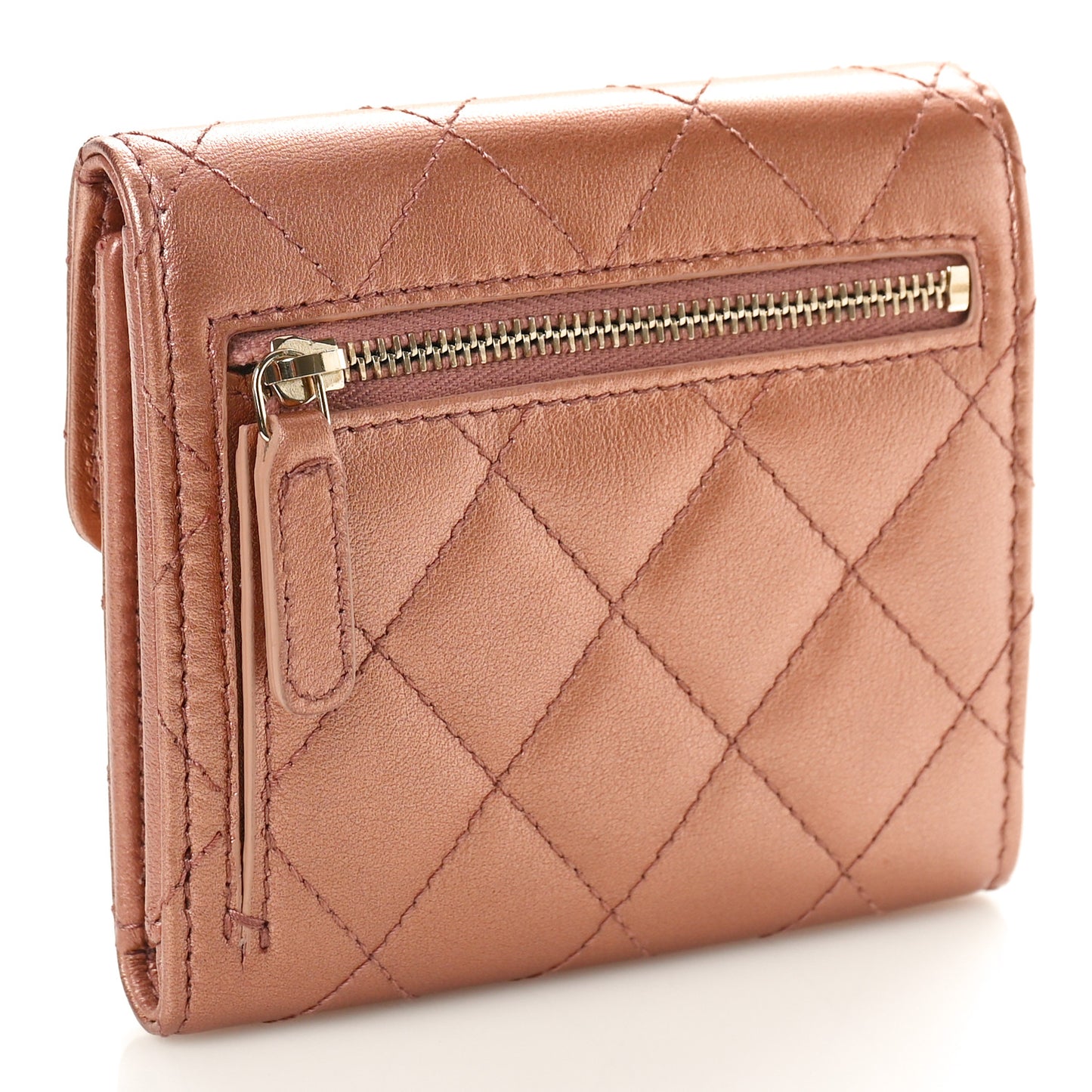 Metallic Lambskin Quilted Compact Flap Wallet Dark Pink