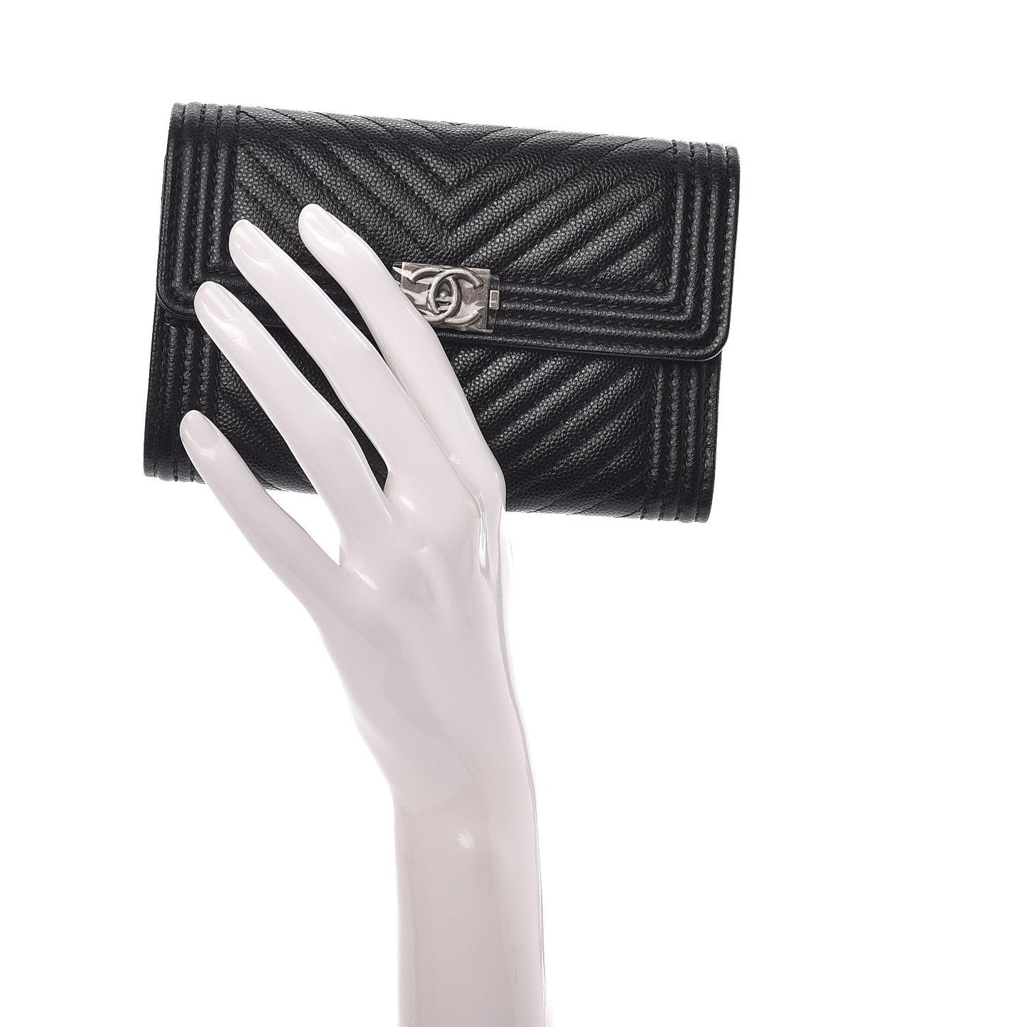 Caviar Chevron Quilted Medium Boy Flap Wallet Black