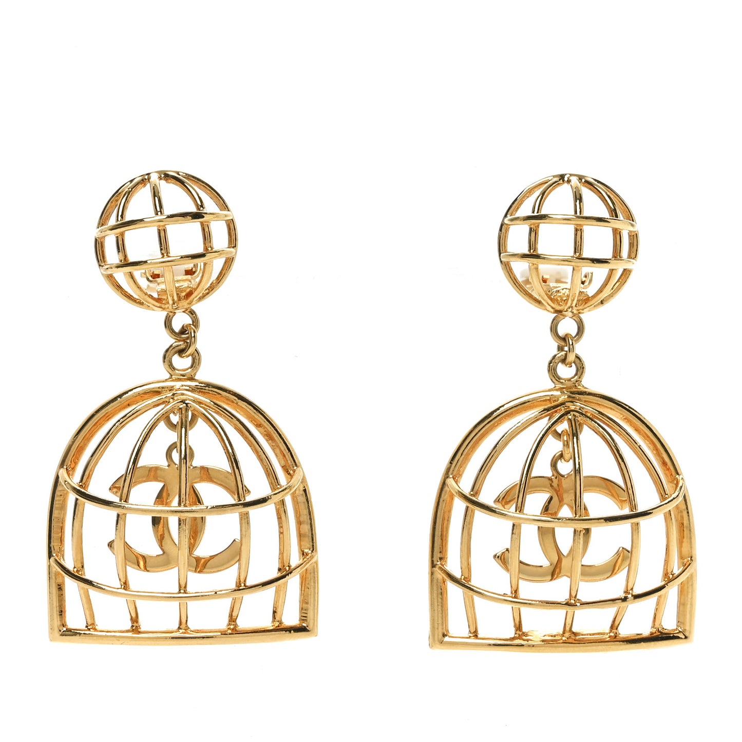 CC Bird Cage Drop Clip On Earrings Gold