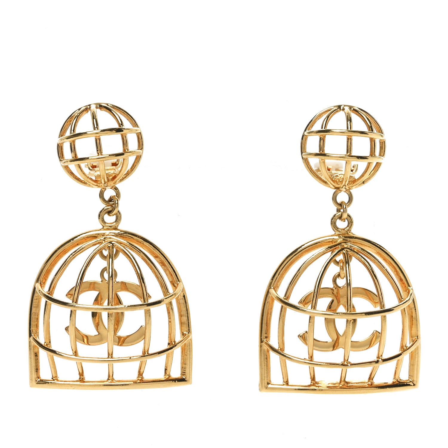 Chanel CC Bird Cage Drop Clip On Earrings Gold 1 of 5