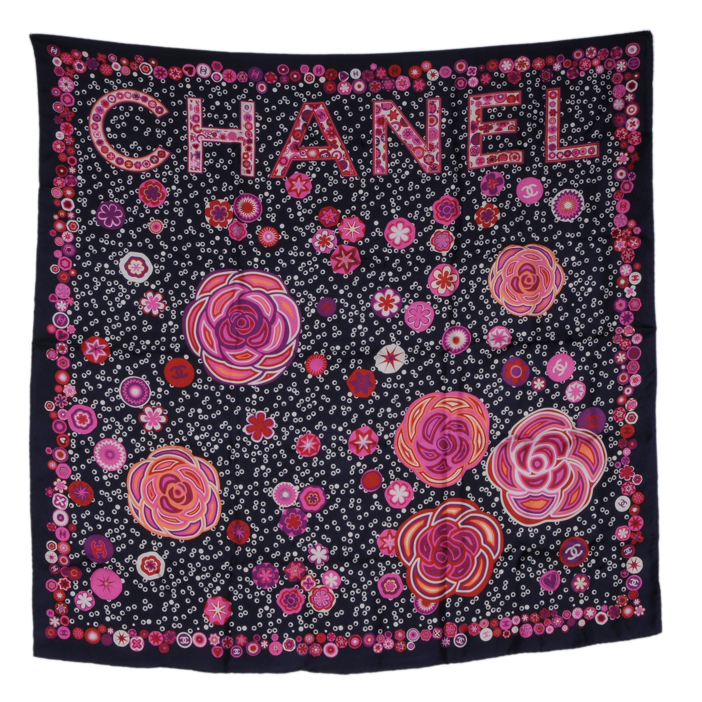 Silk Camellia Bubble Scarf Navy Pink