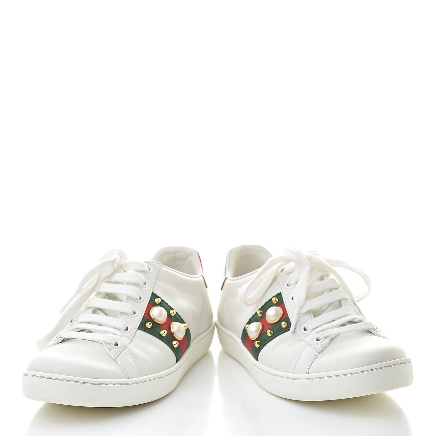 Calfskin Web Pearl Studded Womens Ace Sneakers 35 White