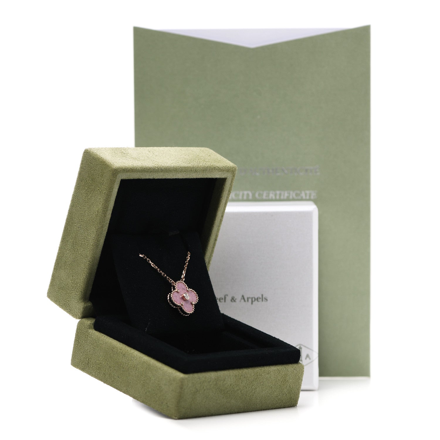 Van Cleef & Arpels 18K Rose Gold Diamond Rhodonite Vintage Alhambra Pendant Necklace 6 of 6