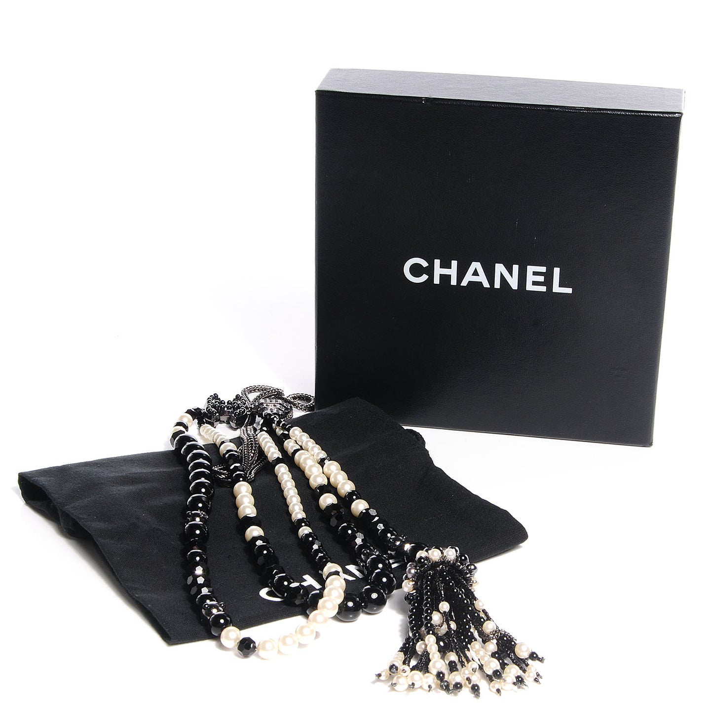 Pearl Beaded Crystal CC Tassel Necklace Black