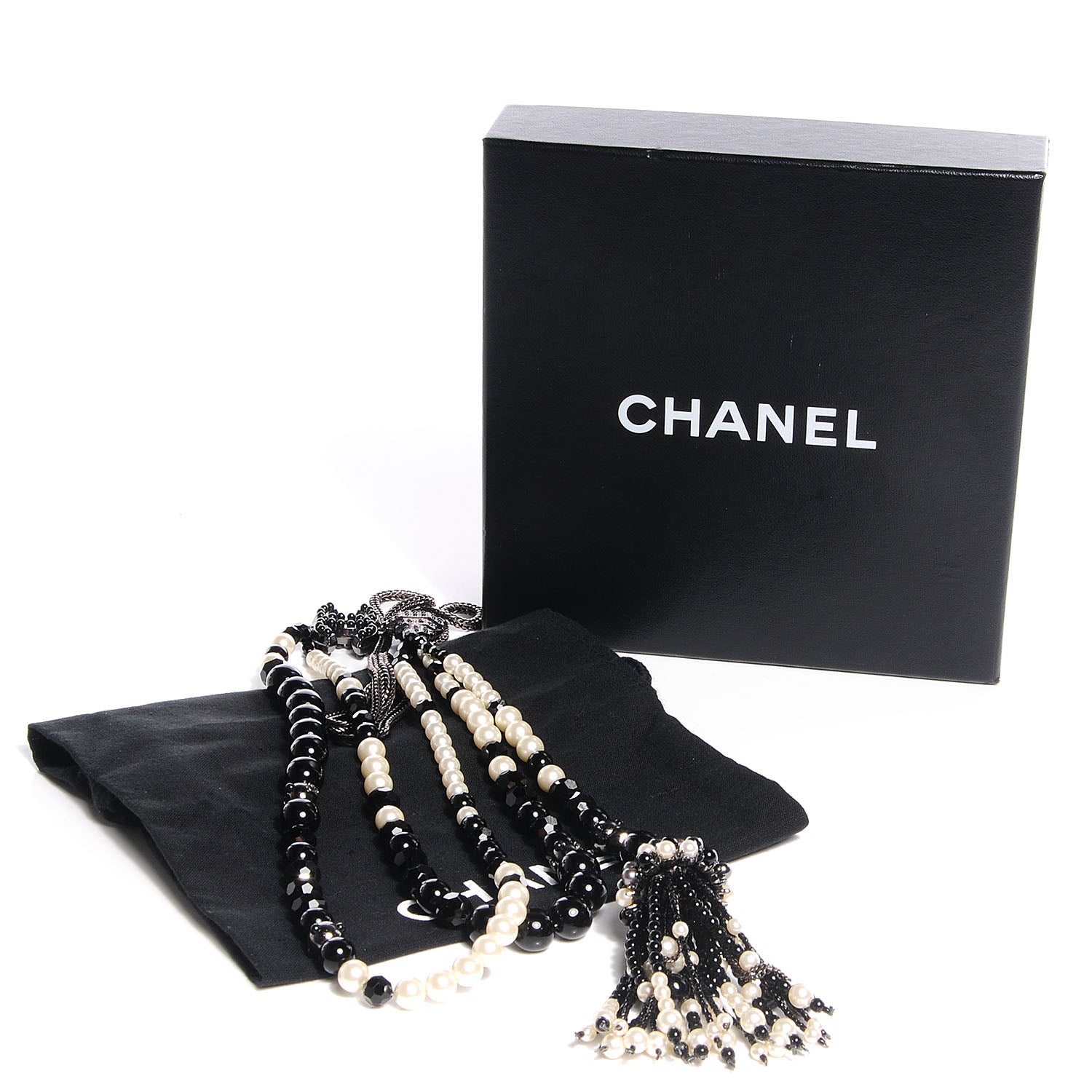 Chanel Pearl Beaded Crystal CC Tassel Necklace Black 10 of 30