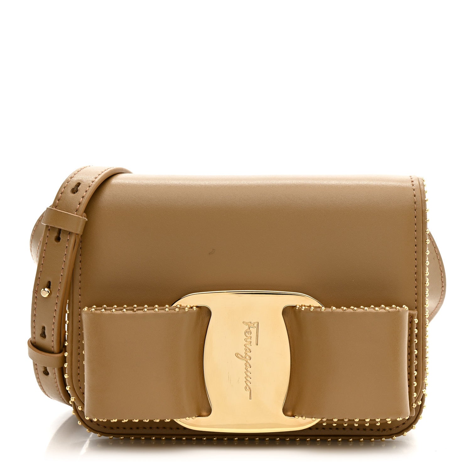 Salvatore Ferragamo Calfskin Studded Mini Vara Bow Crossbody Bag Camel 1 of 11