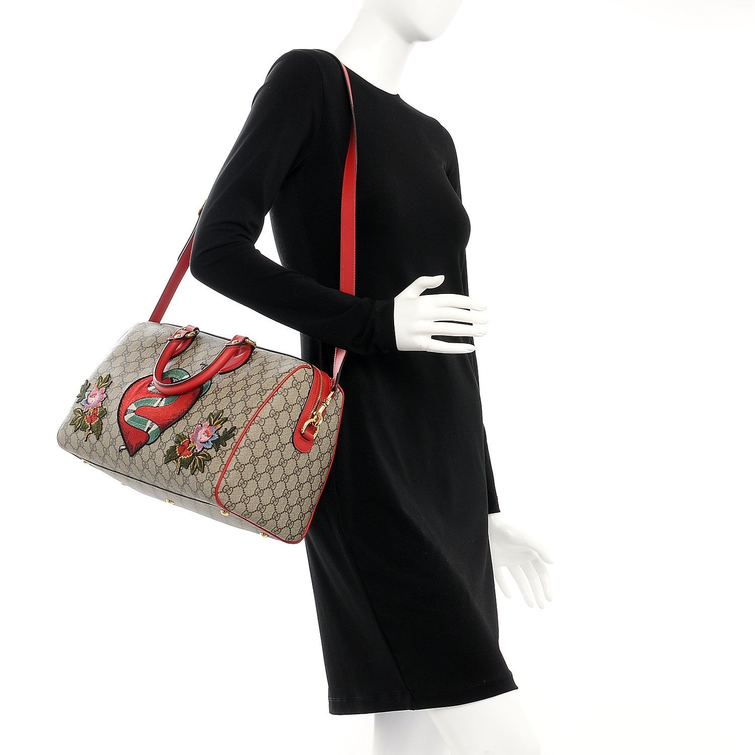 Gucci GG Supreme Monogram Kingsnake Heart Embroidered Medium Boston Hibiscus Red 2 of 11