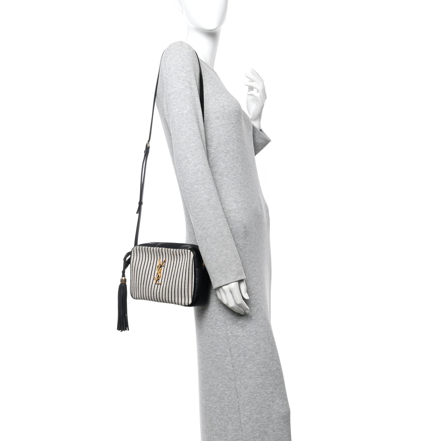 Saint Laurent Canvas Calfskin Monogram Lou Camera Bag Black Grey Cream 2 of 12