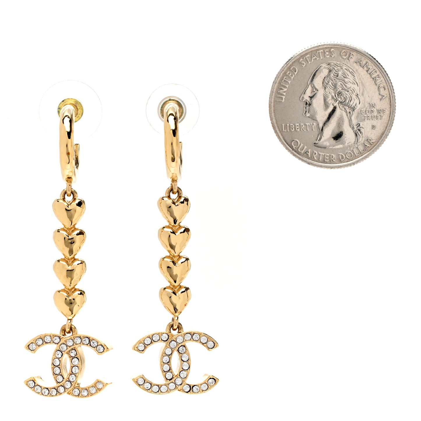 Metal Crystal CC Heart Hoop Long Drop Earrings Gold