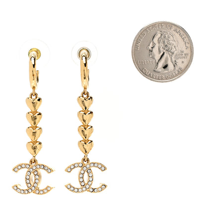 Chanel Metal Crystal CC Heart Hoop Long Drop Earrings Gold 2 of 5