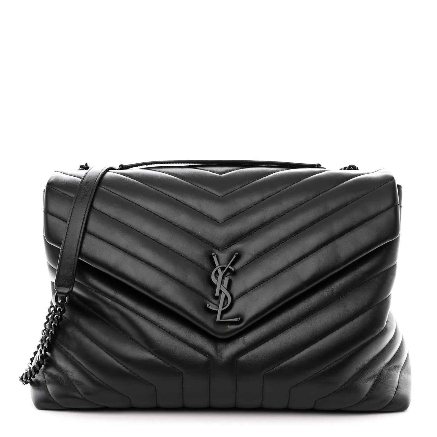 Calfskin Y Quilted Monogram Monochrome Large Loulou Chain Satchel Black