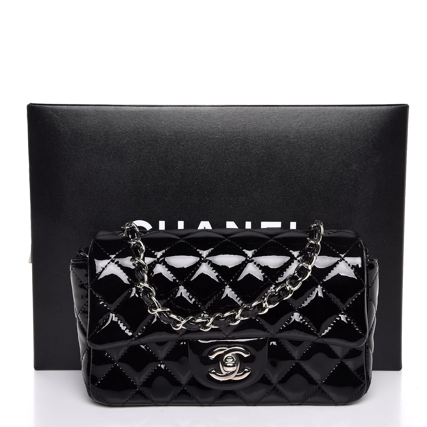 Patent Calfskin Quilted Mini Rectangular Flap Black