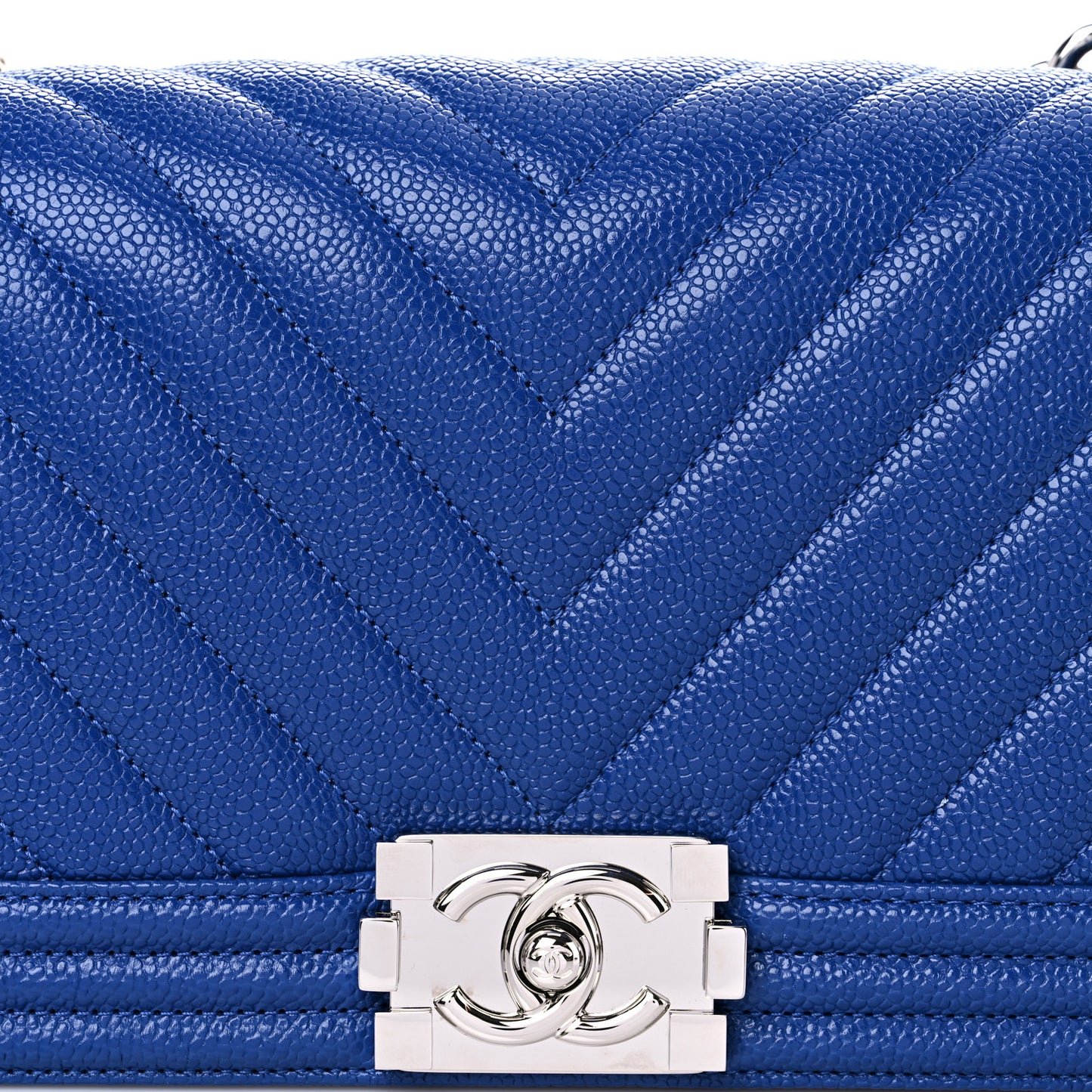 Caviar Chevron Quilted Medium Boy Flap Dark Blue