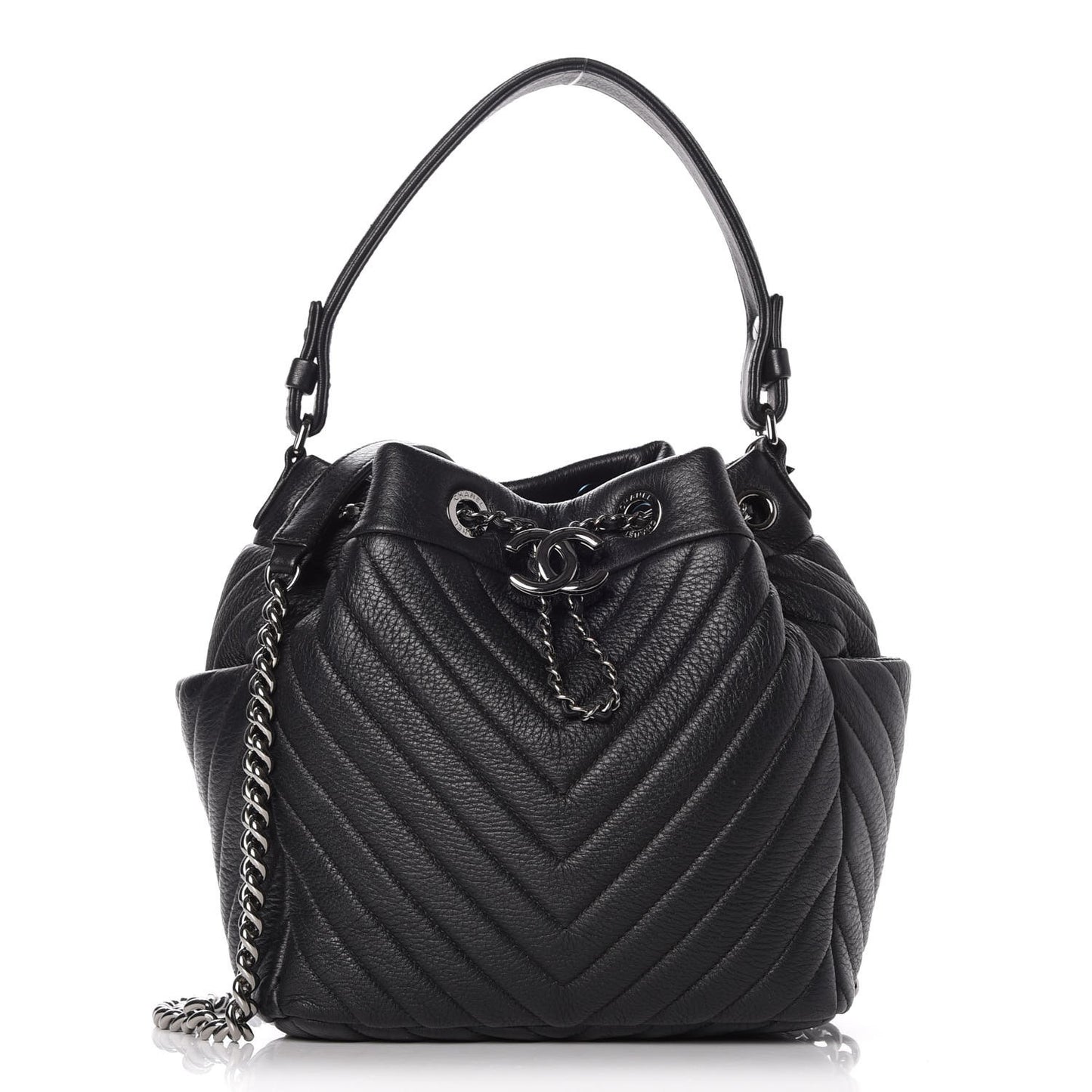 Deerskin Chevron Small CC Chain Bucket Bag Black
