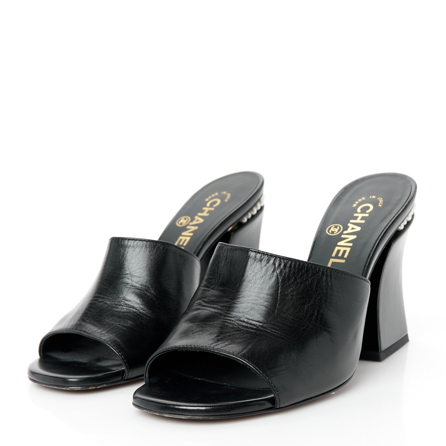 Chanel Shiny Goatskin Pearl Mule Sandals 38 Black 3 of 10