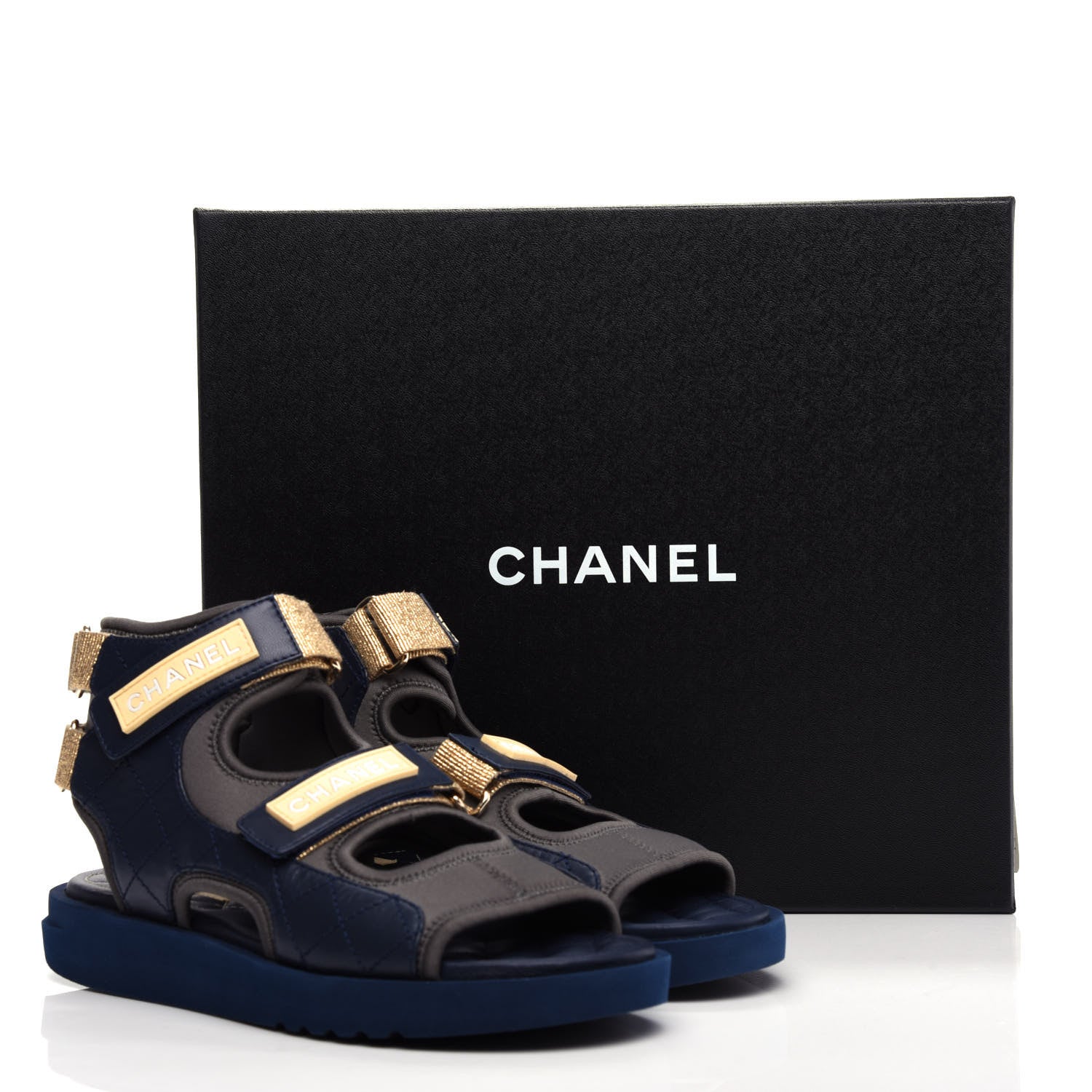 Chanel Goatskin Fabric TPU Gladiator Sandals 37 Navy Dark Grey Yellow 11 of 11