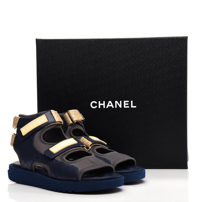 Chanel Goatskin Fabric TPU Gladiator Sandals 37 Navy Dark Grey Yellow 11 of 11