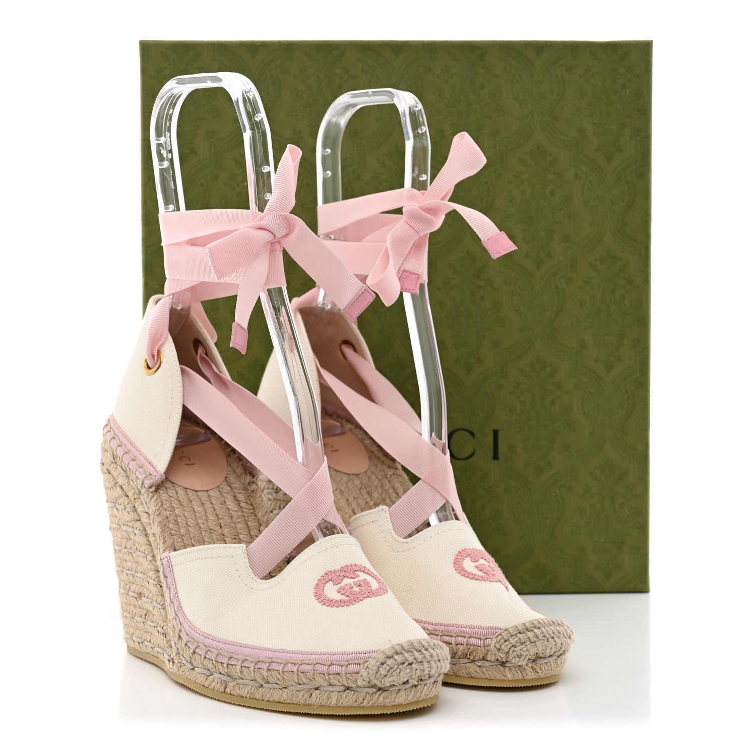 Gucci Canvas Grossgrain Embroidered Judit Ankle Wrap Platform 35/120mm Espadrille Wedges 37 White Shell 11 of 11