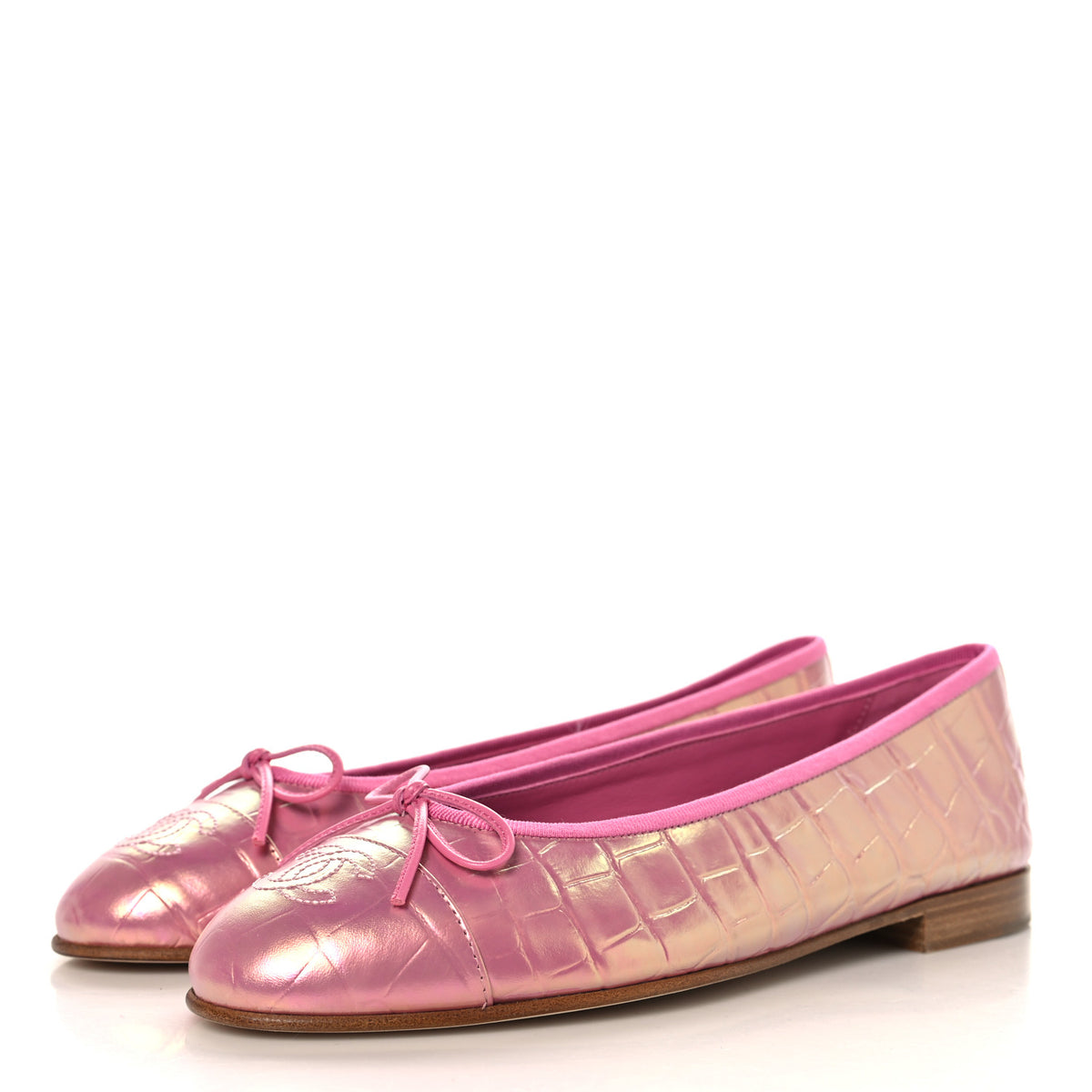 Iridescent Calfskin Crocodile Embossed Ballerina Flats 39 Pink