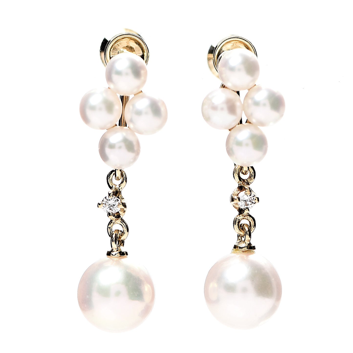 18K Yellow Gold Diamond Akoya Pearl 3.5-6.5mm Drop Screw Back Earrings