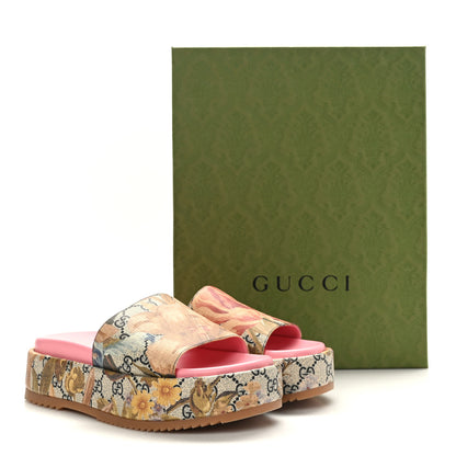 Gucci GG Supreme Monogram Water Flora Angelina Platform Slide Sandals 39 Beige Blue Multicolor 8 of 8