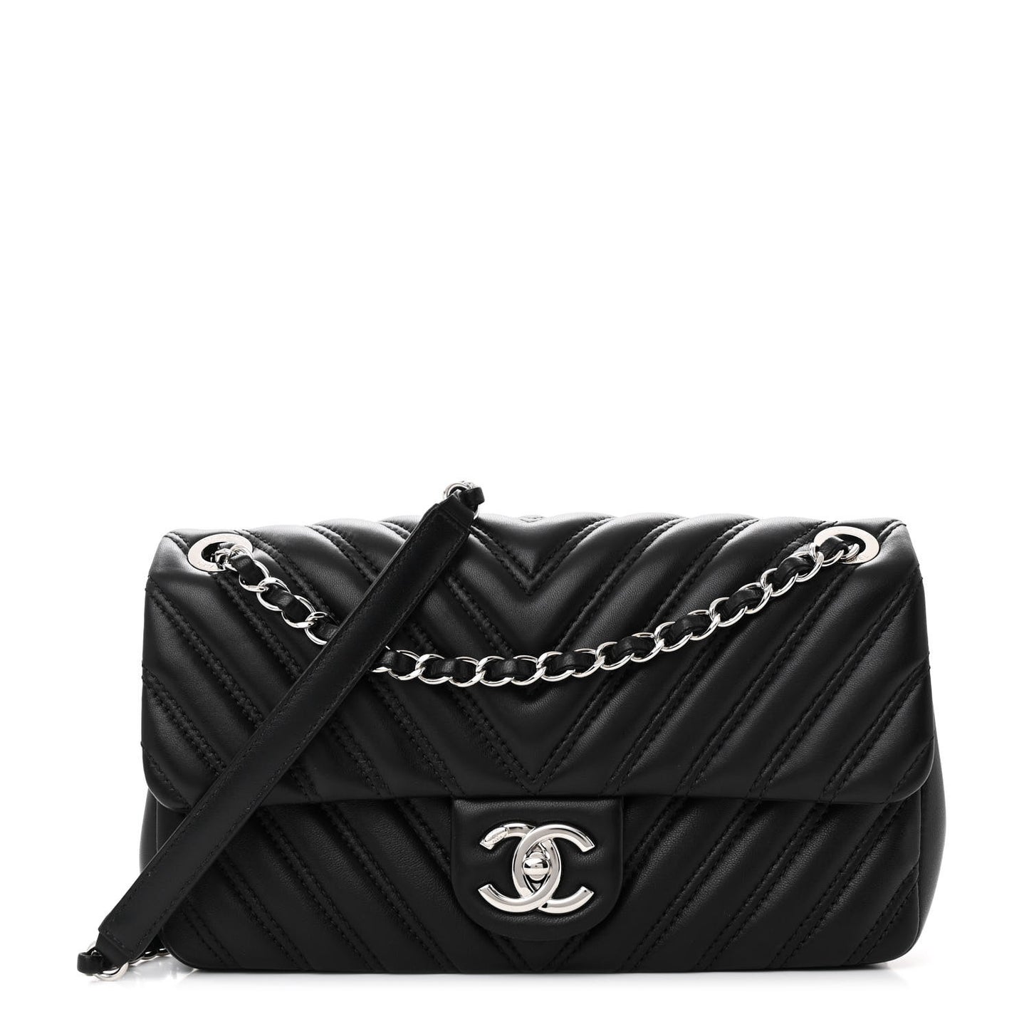 Lambskin Chevron Quilted Double Stitch Medium Single Flap Black