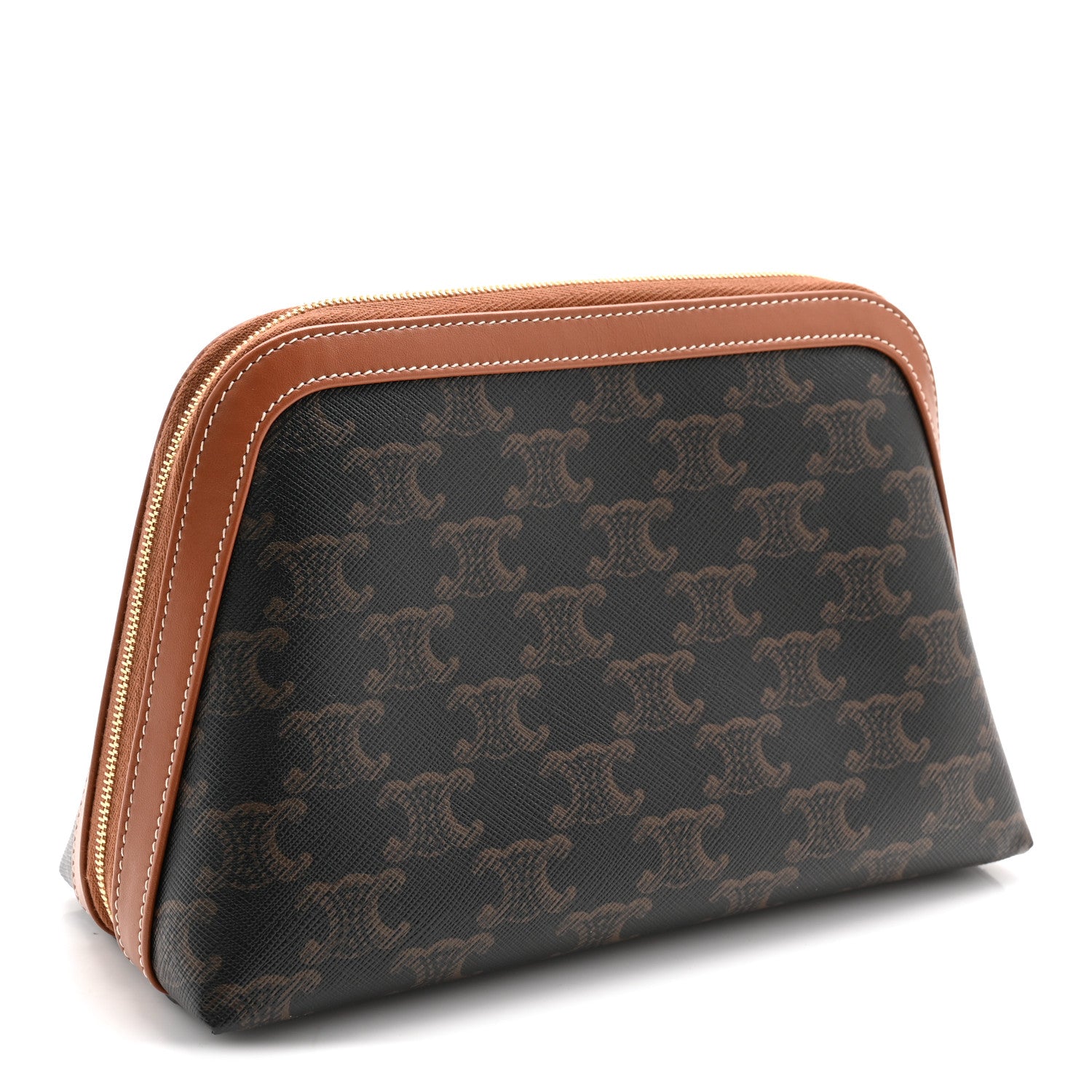 Celine Triomphe Canvas Calfskin Medium Cosmetic Pouch Tan 3 of 12