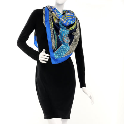 Hermes Silk Ceintures et Liens Shawl 140 Bleu Vif Marine Turquoise 2 of 6